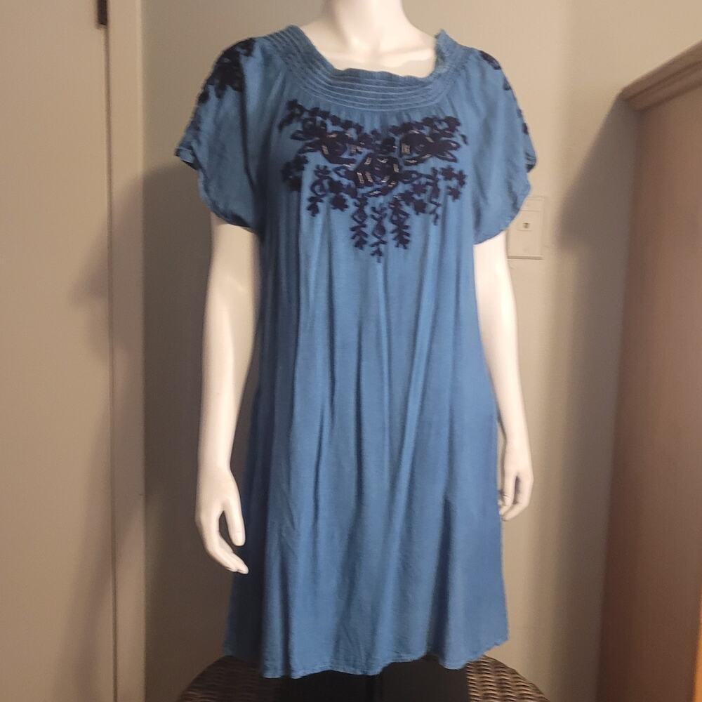 Boho Off Shoulder Embroidered Blue Rayon Chambray Peasant Dress L Resort Midi